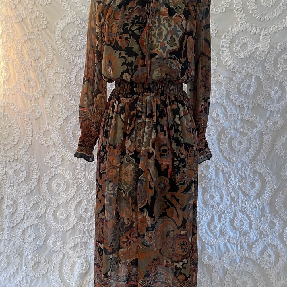 Dex Smocked Detailed Midi Elegant Multicolor Patterned Dress adjustable neck
